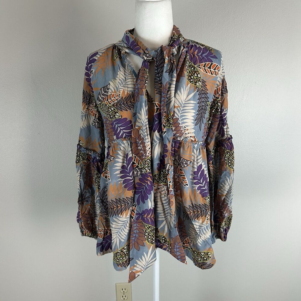 Joyce & Girls M Pure Silk Blouse Top Tie Neck Floral Peasant Boho Lightweight